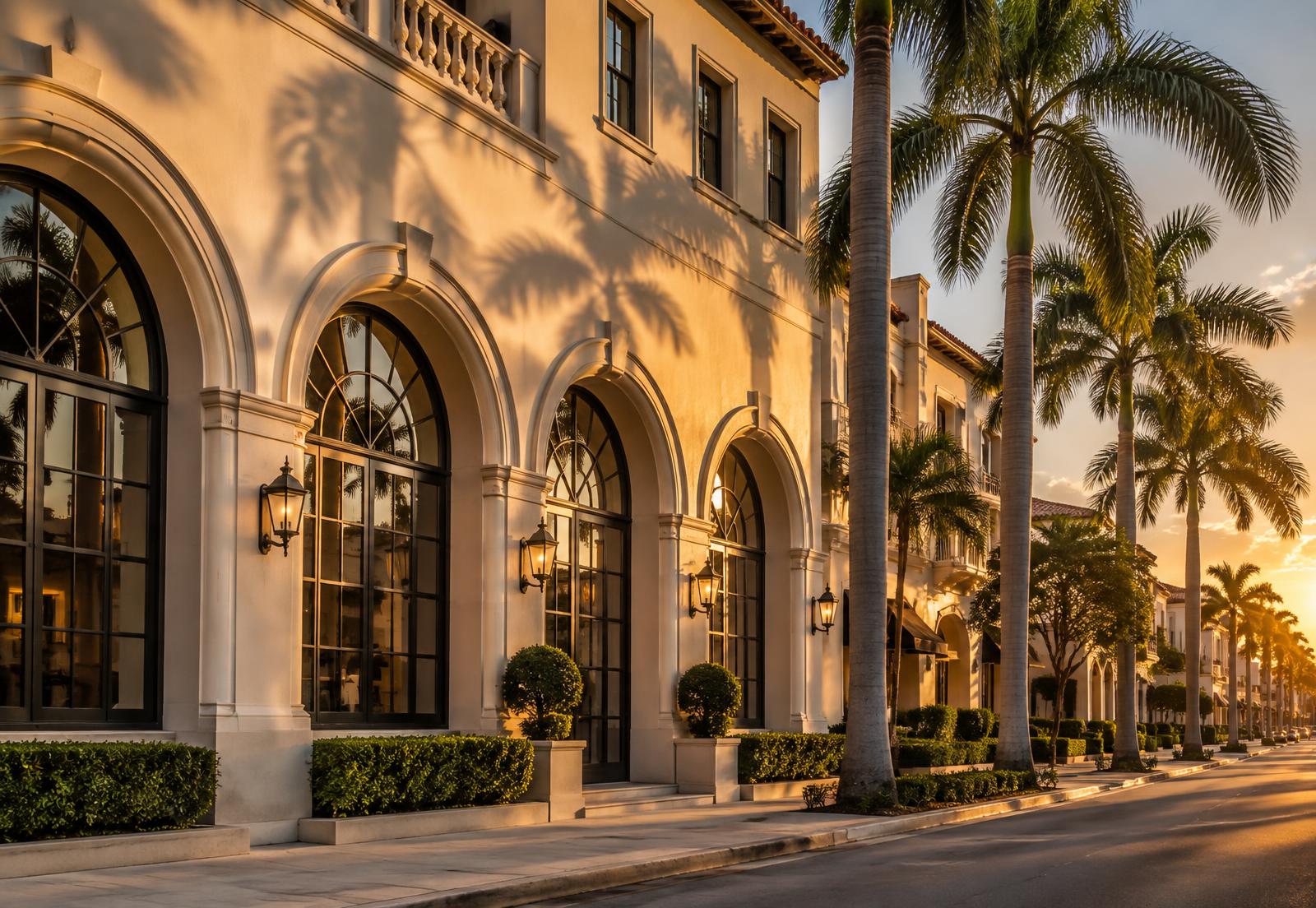 Arched storefronts and royal palms on a downtown West Palm Beach street at sunset